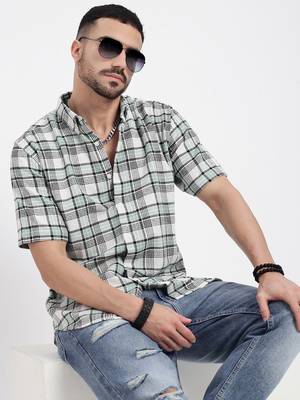 men's green checked slim fit shirt 1