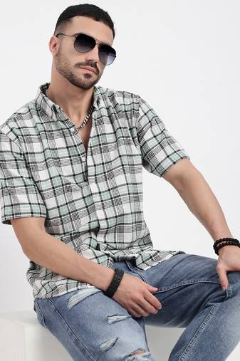 men's green checked slim fit shirt