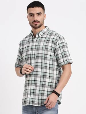 men's green checked slim fit shirt 3
