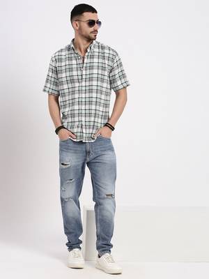 men's green checked slim fit shirt 5
