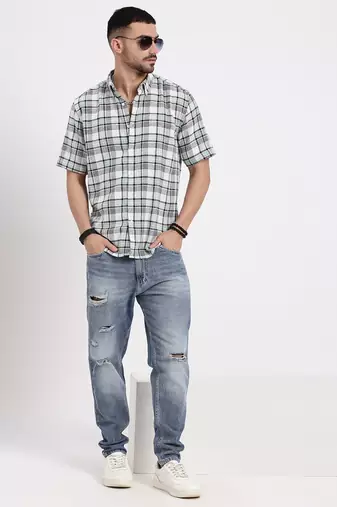 men's green checked slim fit shirt