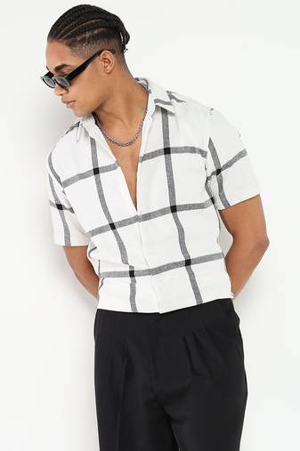 men's white checked slim fit shirt