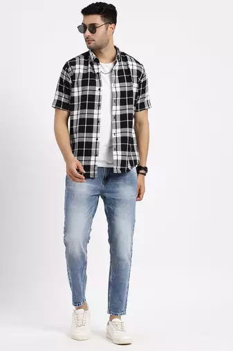men's black checked slim fit shirt