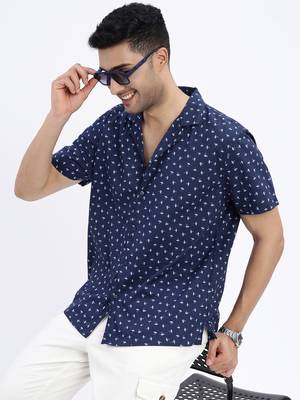 men's navy blue micro ditsy cuban collar relaxed fit shirt 1