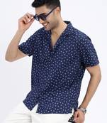 men's navy blue micro ditsy cuban collar relaxed fit shirt