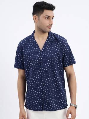 men's navy blue micro ditsy cuban collar relaxed fit shirt 2