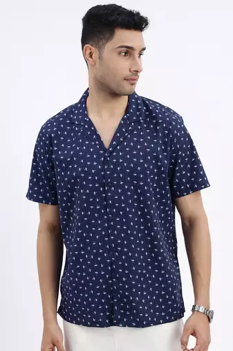 men's navy blue micro ditsy cuban collar relaxed fit shirt