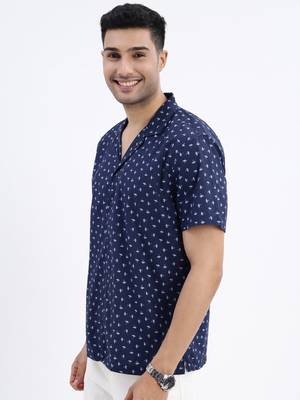 men's navy blue micro ditsy cuban collar relaxed fit shirt 3