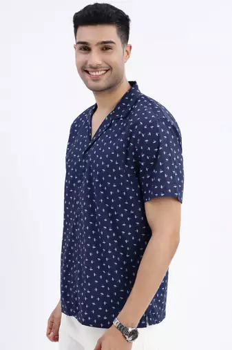 men's navy blue micro ditsy cuban collar relaxed fit shirt