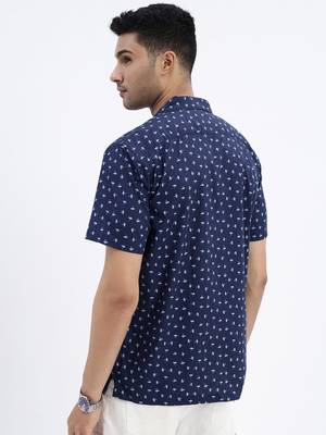 men's navy blue micro ditsy cuban collar relaxed fit shirt 4