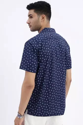 men's navy blue micro ditsy cuban collar relaxed fit shirt