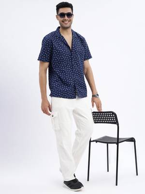 men's navy blue micro ditsy cuban collar relaxed fit shirt 5