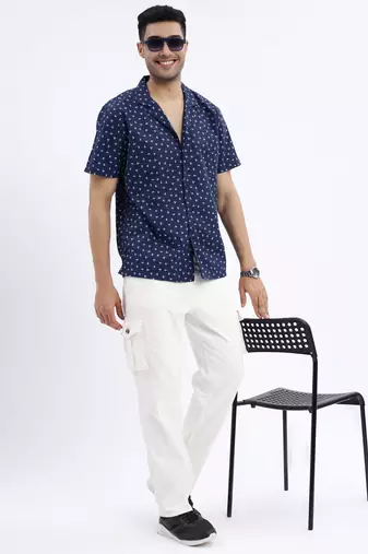 men's navy blue micro ditsy cuban collar relaxed fit shirt