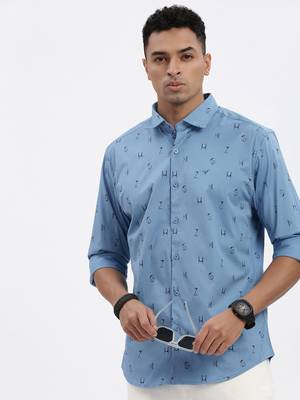 men's blue typography slim fit shirt 1