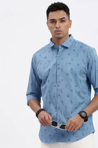 men's blue typography slim fit shirt