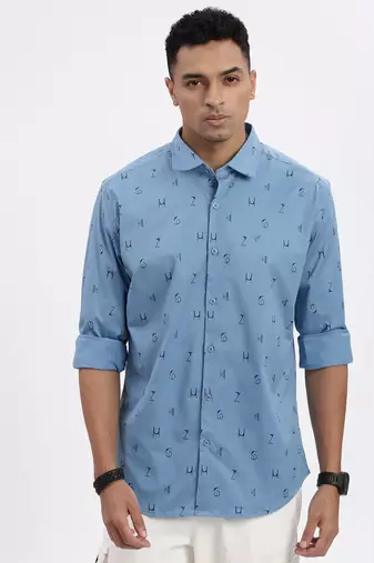 men's blue typography slim fit shirt
