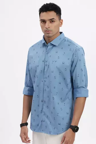 men's blue typography slim fit shirt