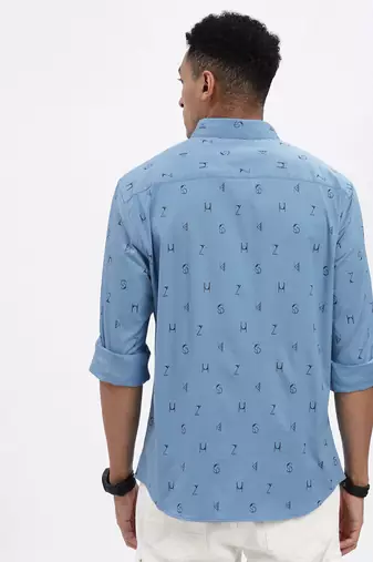 men's blue typography slim fit shirt