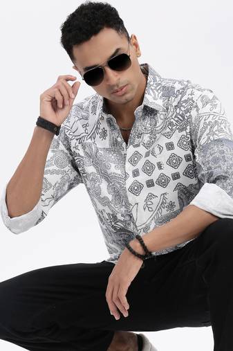 men's white ethnic motifs slim fit shirt