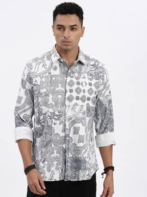 men's white ethnic motifs slim fit shirt 2