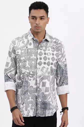men's white ethnic motifs slim fit shirt