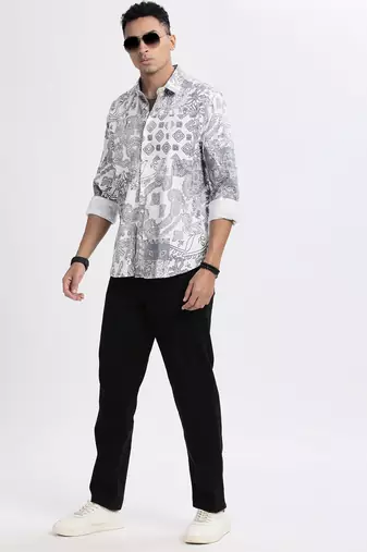 men's white ethnic motifs slim fit shirt