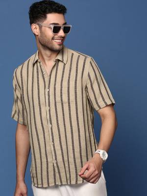 men's striped beige slim fit shirt 1