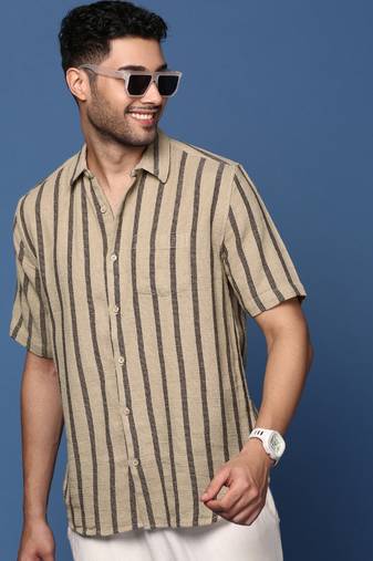 men's striped beige slim fit shirt
