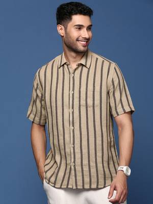 men's striped beige slim fit shirt 2
