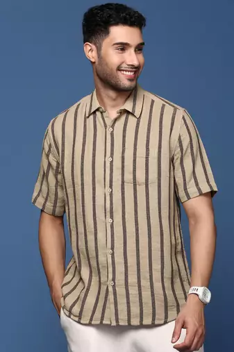 men's striped beige slim fit shirt