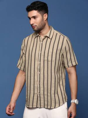 men's striped beige slim fit shirt 3