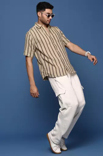 men's striped beige slim fit shirt