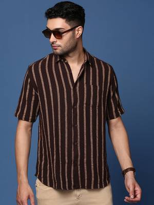 men's striped brown slim fit shirt 1