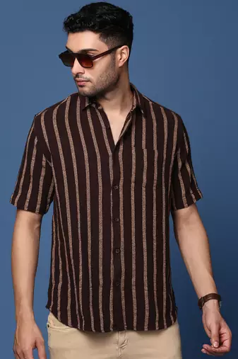 men's striped brown slim fit shirt