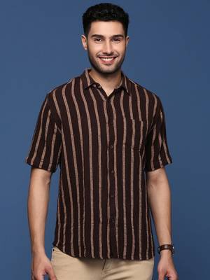 men's striped brown slim fit shirt 2