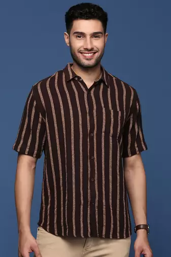 men's striped brown slim fit shirt