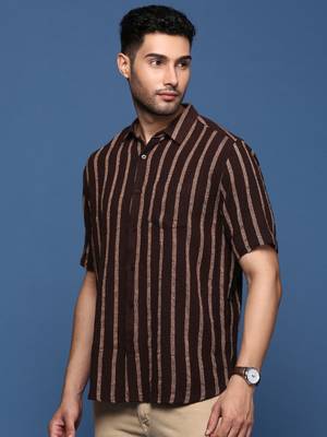 men's striped brown slim fit shirt 3