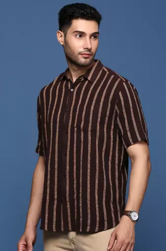 men's striped brown slim fit shirt