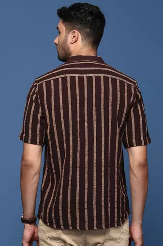 men's striped brown slim fit shirt