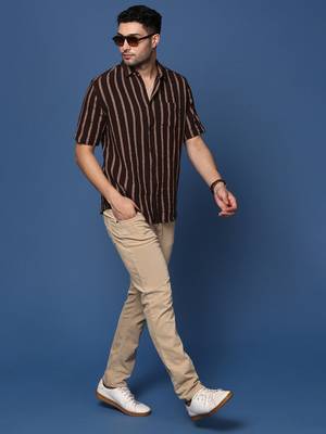 men's striped brown slim fit shirt 5