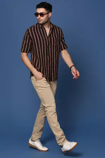 men's striped brown slim fit shirt