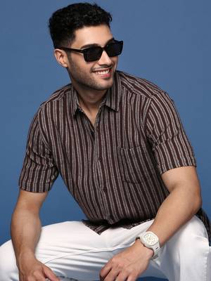 men's striped brown slim fit shirt 1