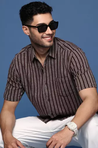 men's striped brown slim fit shirt