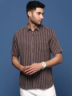 men's striped brown slim fit shirt 2