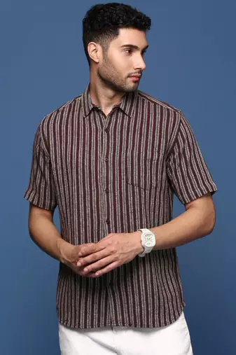 men's striped brown slim fit shirt