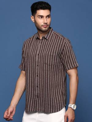 men's striped brown slim fit shirt 3