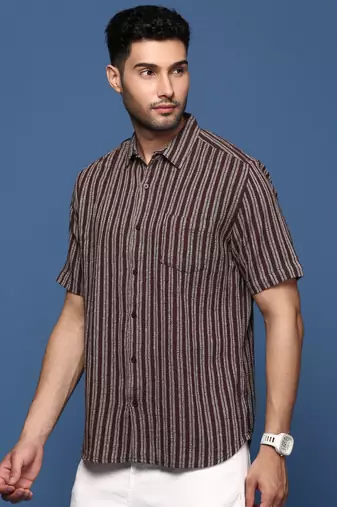 men's striped brown slim fit shirt
