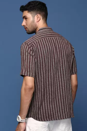 men's striped brown slim fit shirt
