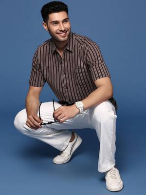 men's striped brown slim fit shirt 5