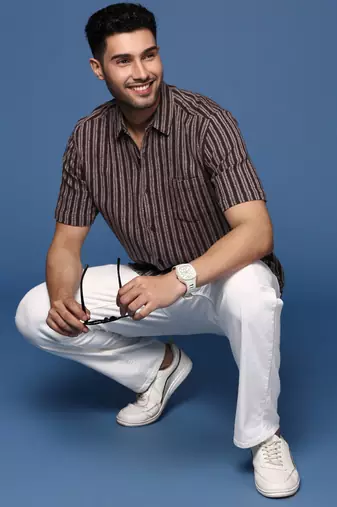 men's striped brown slim fit shirt